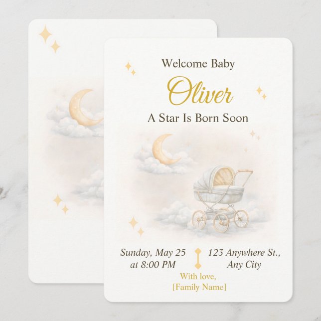 Convite Neutral Moon Baby Shower Invitation Editable (Frente/Verso)