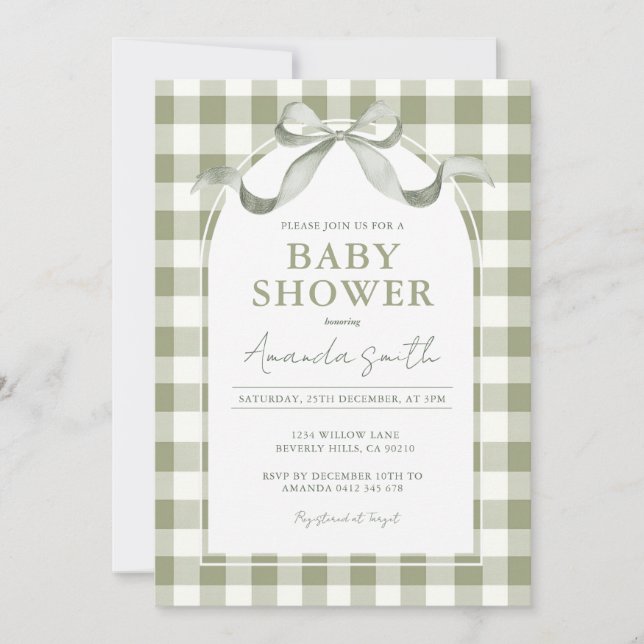 Convite Neutral Preppy Sage Bow Baby Shower (Frente)