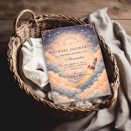 Convite Neutral Space Rocket Stars Baby Shower