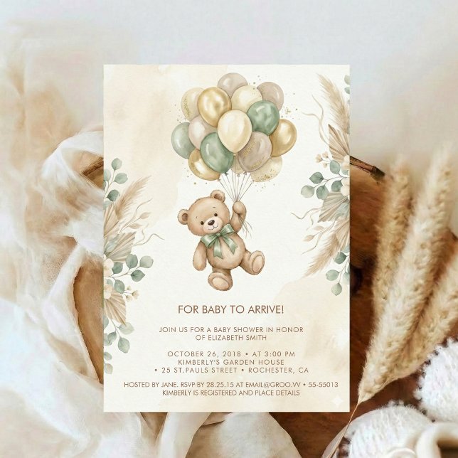 Convite Neutral Teddy Bear Baby Shower flower Green (Criador carregado)