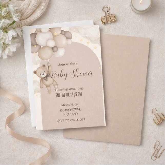 Convite Neutral Teddy Bear Baby Shower Invitation  (Criador carregado)