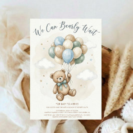 Convite Neutral Teddy Bear Baby Shower Sage Green Balloons