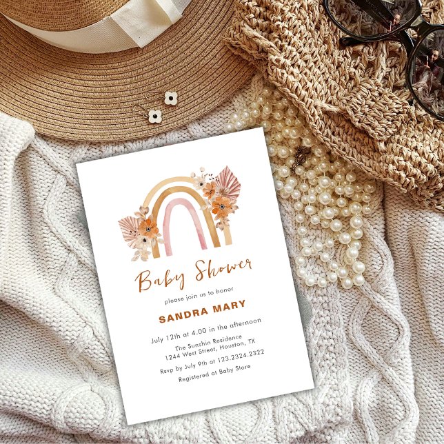 Convite Neutral Terracotta Boho Rainbow Chá de fraldas Flo (Neutral Terracotta Boho Rainbow Floral Baby Shower Invitation)