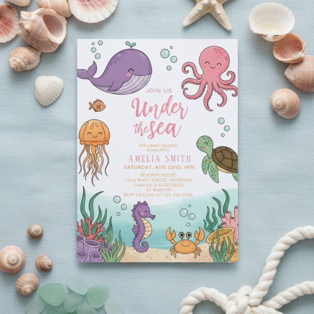 Convite Neutral under the sea ocean corals baby shower (Criador carregado)
