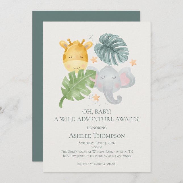 Convite Neutral Watercolor Jungle Animals Baby Shower (Frente/Verso)