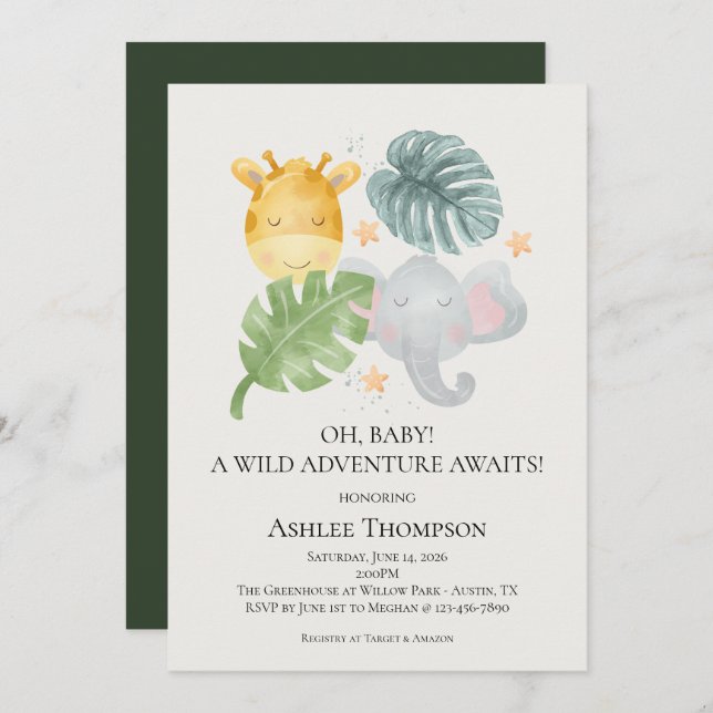 Convite Neutral Watercolor Jungle Animals Baby Shower (Frente/Verso)