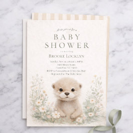 Convite Neutral Watercolor Otter Baby Shower | Woodland