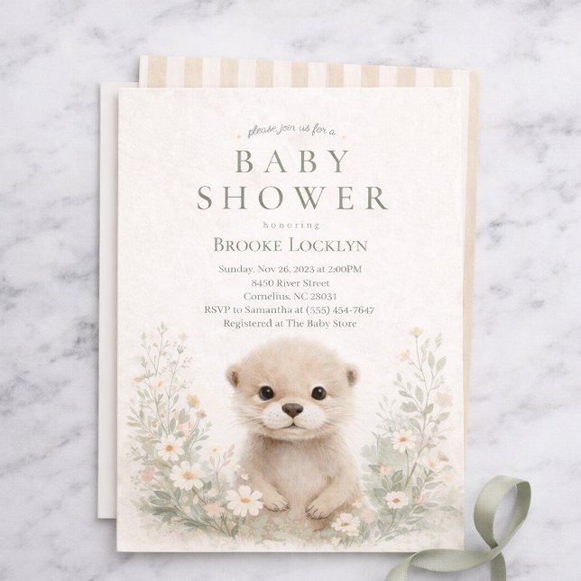 Convite Neutral Watercolor Otter Baby Shower | Woodland (Criador carregado)