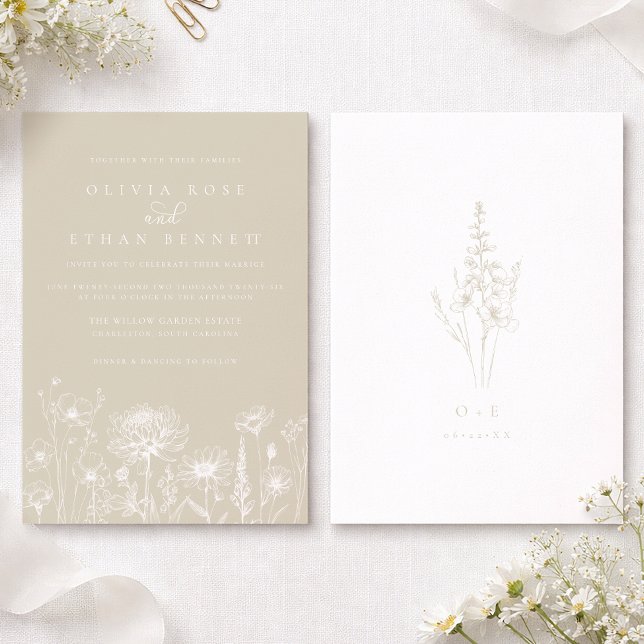 Convite Neutral Wildflower Line Art Wedding Invitation (Wildflower Cream Wedding Invite)
