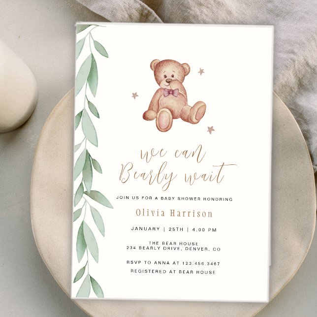 Convite Neutro Boho Verde Que Mal Podemos Esperar  (Gender Neutral Boho Greenery We Can Bearly Wait Invitation)