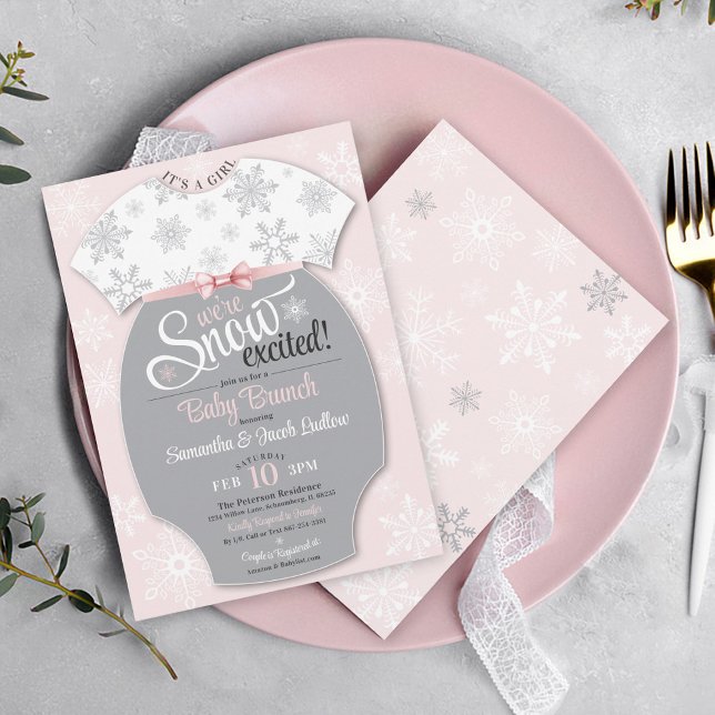 Convite Neve Animada Brunch Rosa Floco De Neve É Uma Garot (It's A Girl, We're SNOW Excited pink & gray baby bodysuit winter snowflake Baby Brunch invitation)