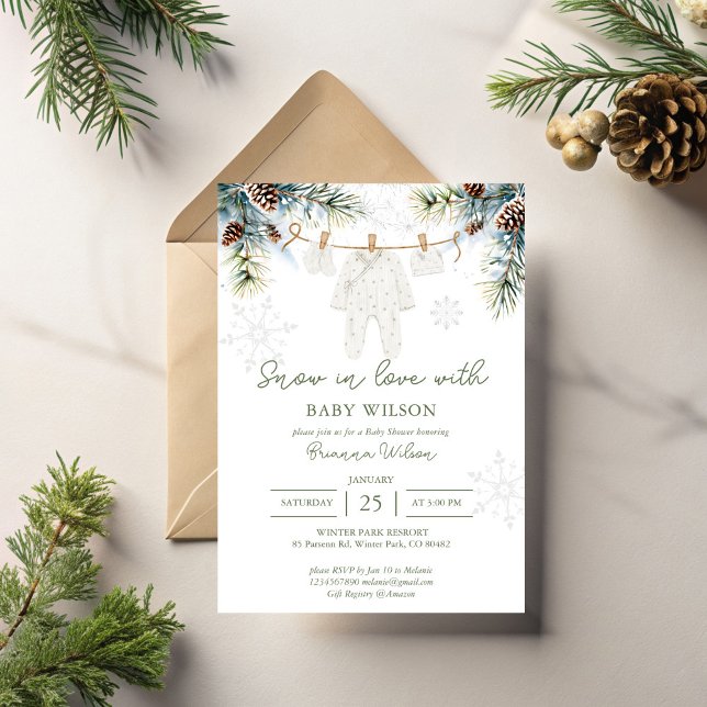 Convite Neve apaixonada flocos de neve chá de fraldas de i (Snow in love snowy pines pinecones snowflakes baby clothes line winter baby shower invitation cards)