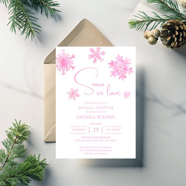 Convite Neve apaixonada flocos de neve chá de panela de in (Snow in love pastel pink snowflakes winter bridal shower invitation template)