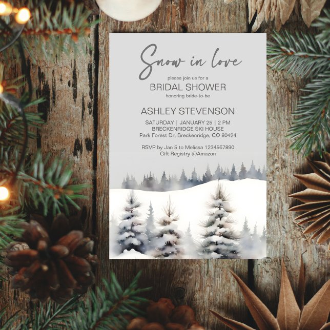 Convite Neve apaixonada pelo chá de panela da floresta de  (Snow in love winter pine forest bridal shower editable template invitation digital download pastel )