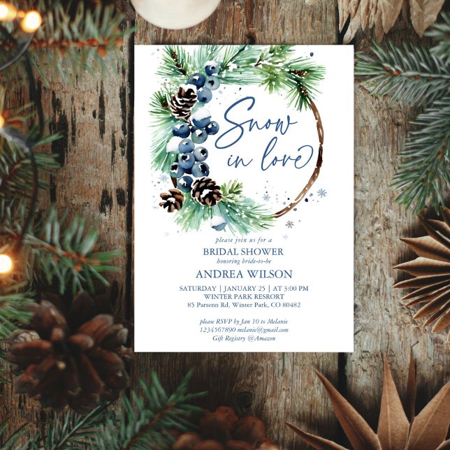Convite Neve apaixonada por pinheiros de chá de panela de  (Snow in love winter bridal shower editable template invitation digital download watercolor pines)
