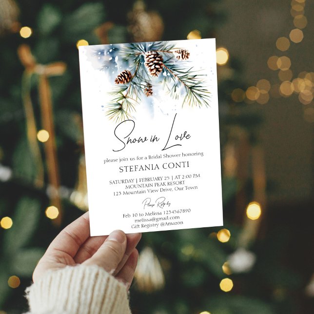 Convite Neve apaixonada por pinheiros de neve chá de panel (Snow in love boho snowy pines pinecones winter bridal shower invitation template )
