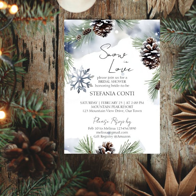 Convite Neve apaixonada por pinheiros de neve chá de panel (Snow in love winter bridal shower editable template invitation digital download watercolor pines)