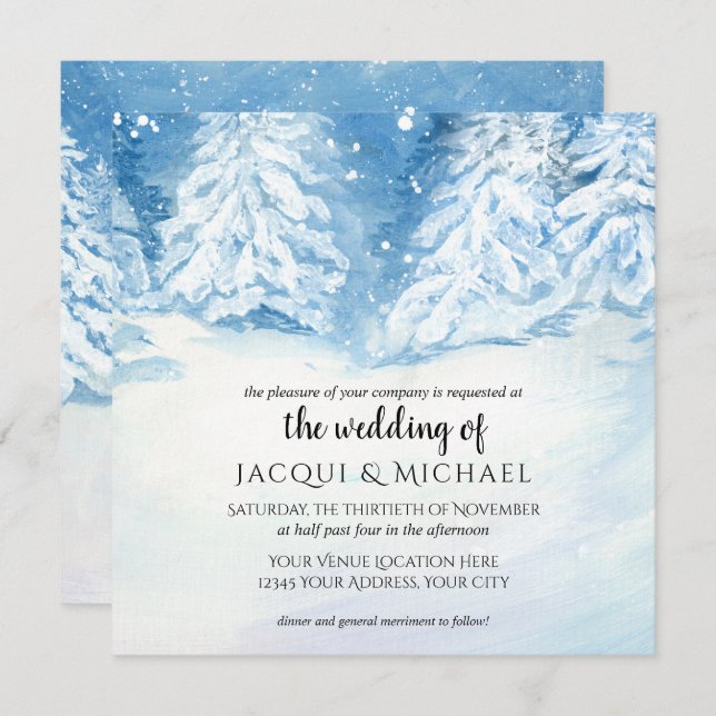 Convite Neve Árvores Invernas Casamento de Aquarela| Quadr (Frente/Verso)