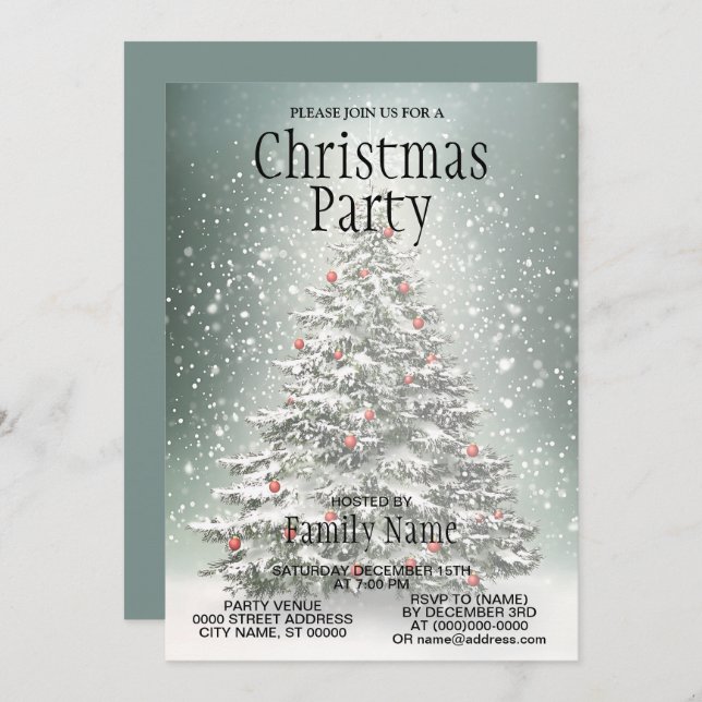 Convite Neve Branca em Torres de Natal Verde Ornamentos Co (Frente/Verso)