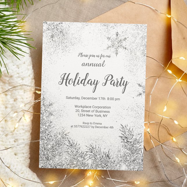 Convite Neve de prata branca de Natal (Silver glitter snow Christmas corporate white Invitation)