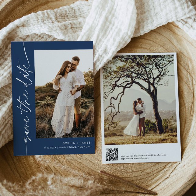 Convite NEVE Marinho Blue Photo Save The Date Card (Criador carregado)