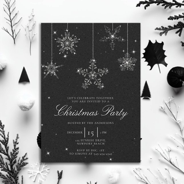 Convite Neve Neve Floco de Neve Preto Branco (rhinestones glitter christmas party invitation elegant black white modern minimalist classy stylish )