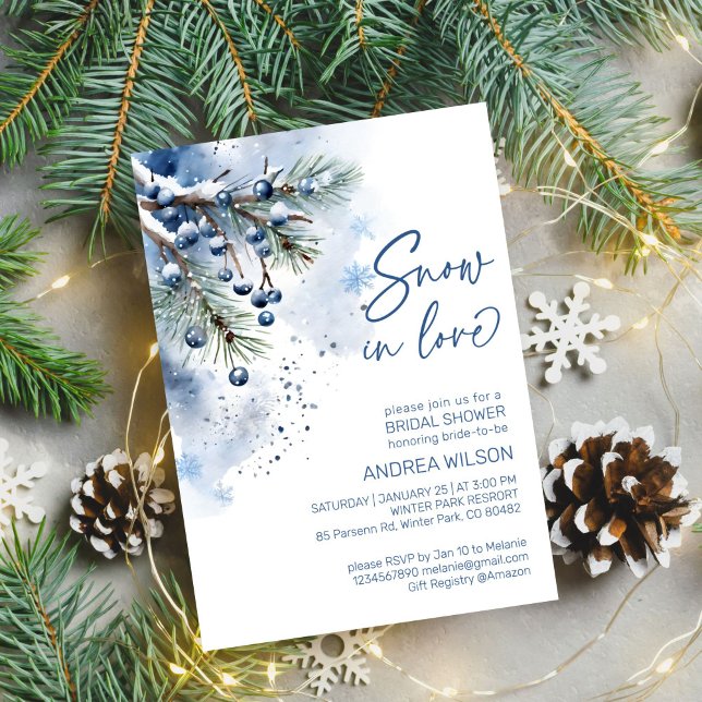 Convite Neve no amor chá de panela de inverno (Snow in love winter bridal shower editable template invitation digital download watercolor pines)