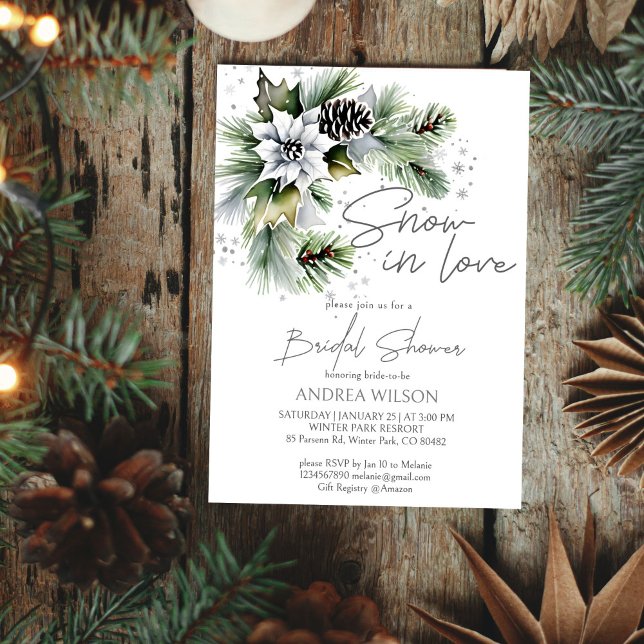 Convite Neve no amor chá de panela de inverno (Snow in love winter bridal shower template invitation digital download watercolor white poinsettia)