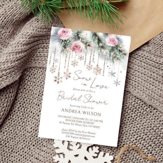 Convite Neve no amor chá de panela de inverno (Snow in love winter bridal shower editable template invitation digital download watercolor pines)