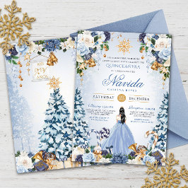 Convite Neve Winter Ice Blue e Dourada Quinceanera Floral