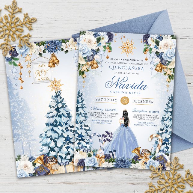 Convite Neve Winter Ice Blue e Dourada Quinceanera Floral (Criador carregado)