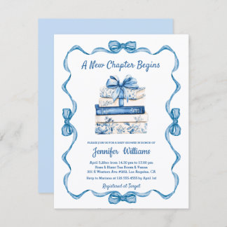 Convite  new chapter begins blue ribbon books baby shower 