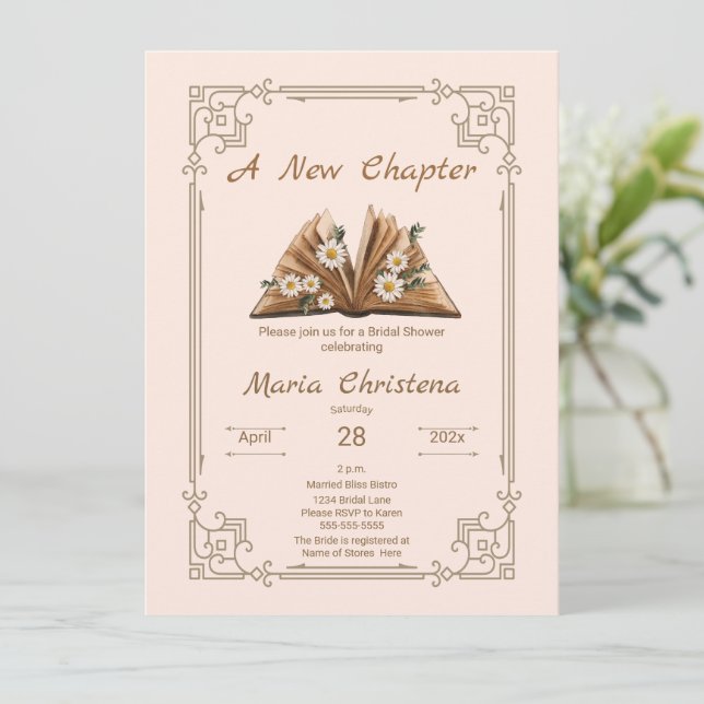 Convite New Chapter Begins Bridal Shower Floral Open Book (Em pé/Frente)