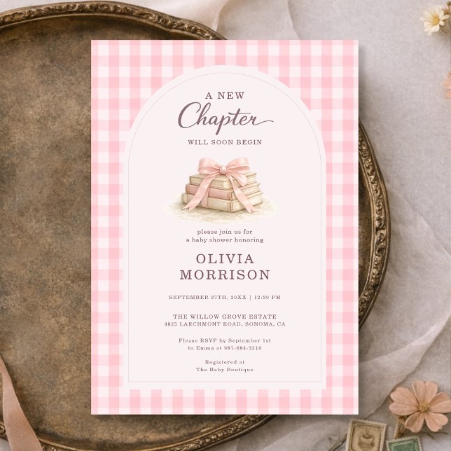 Convite New Chapter Begins Pink Gingham Baby Shower (Criador carregado)