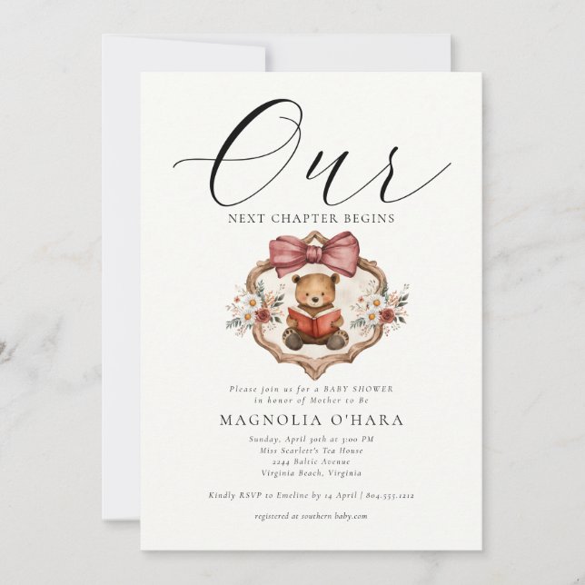 Convite New Chapter Begins Storybook Floral Baby Shower (Frente)