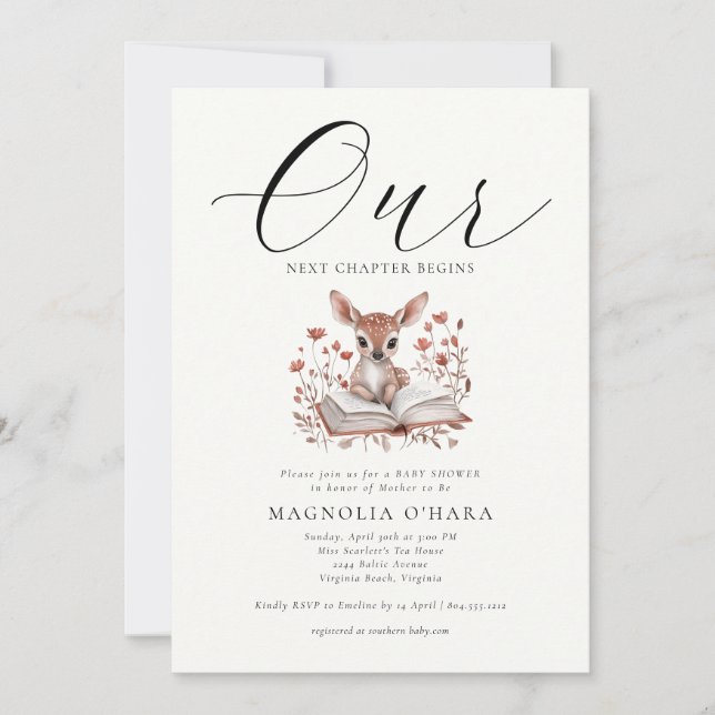 Convite New Chapter Begins Storybook Floral Baby Shower   (Frente)