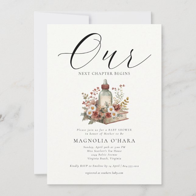Convite New Chapter Begins Storybook Floral Baby Shower  (Frente)
