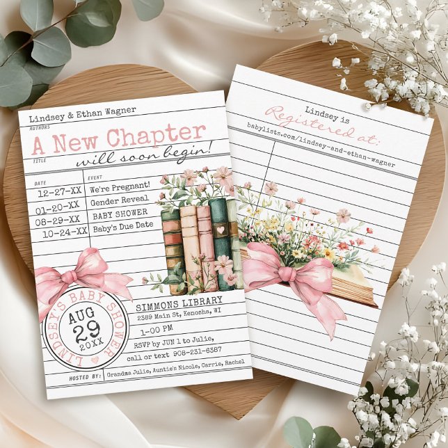 Convite New Chapter Library Card Book Bow Baby Girl Shower (A New Chapter floral books wildflower pink bows library card cute modern baby girl shower invitation)