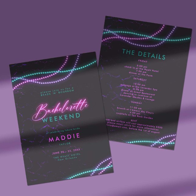 Convite New Orleans Miçanga Neon Bachelorette Itinerary (new orleans bachelorette weekend itinerary invitation neon pink teal purple beads and bourbon classy)