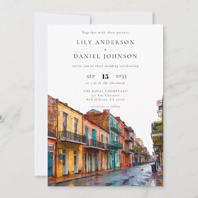Convite New Orleans Watercolor Elegant Wedding (Frente)