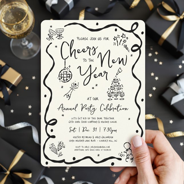 Convite New Year Cheer Hand Drawn Doodle Cream Black Party (Criador carregado)