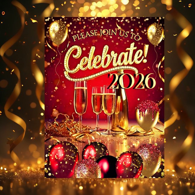 Convite New Year’s Eve Party Red Gold Champagne Streamers (Criador carregado)