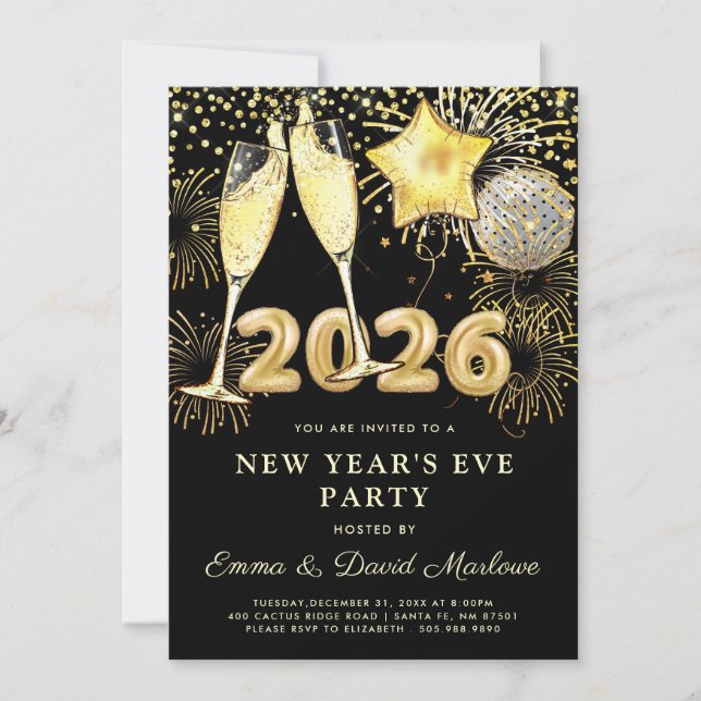 Convite New Year's Eve Party 2026 Gold Black Modern (Frente)