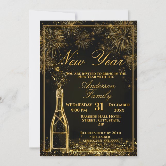 Convite New Years Eve Party Bubbly Celebration (Frente)