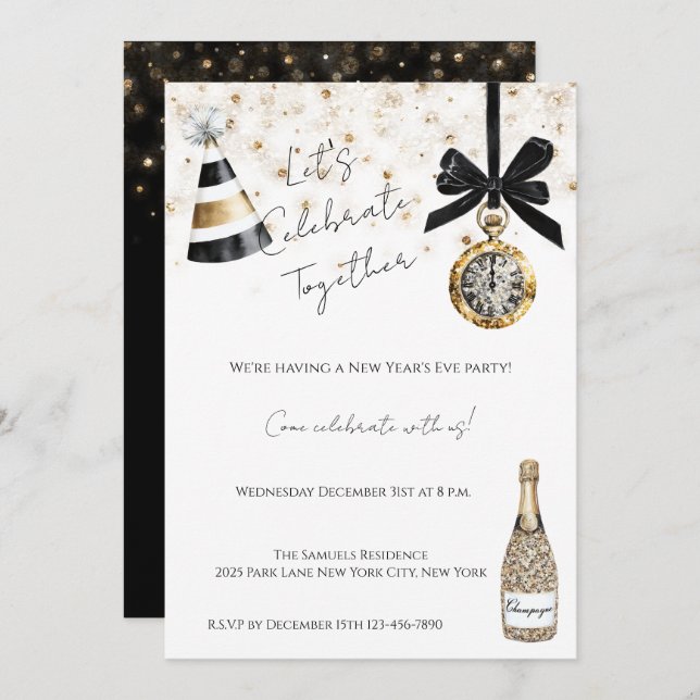 Convite New Year's Eve Party Gold Glitzy Sparkle  (Frente/Verso)