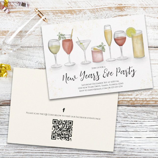 Convite New Years Party Champagne Watercolor QR Code Event (Criador carregado)