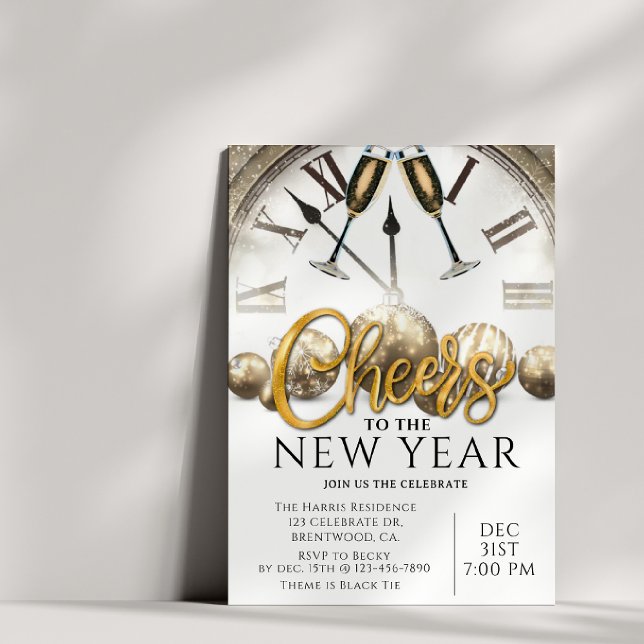 Convite New Years Party, Cheers, Gold, Elegant  (Criador carregado)