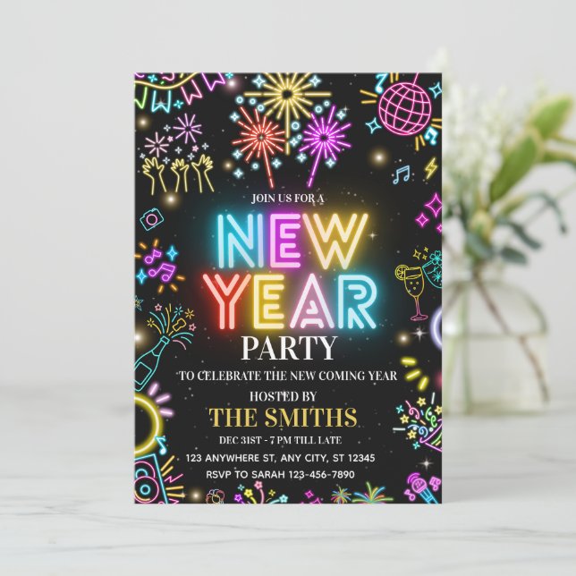 Convite New Years Party invite, Glow NYE invitation (Em pé/Frente)