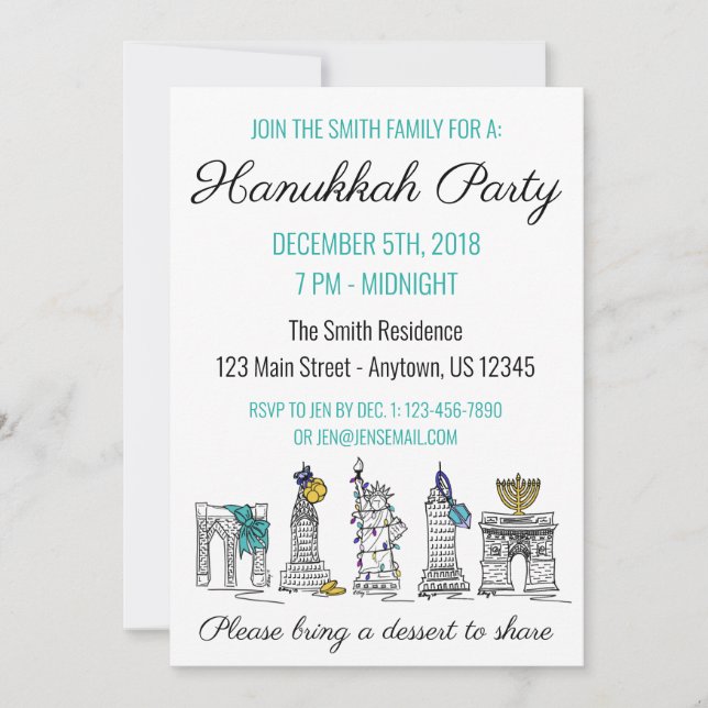 Convite New York Hanukkah NYC Landmarks Jewish Holiday (Frente)