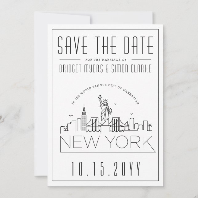 Convite New York Wedding | Skyline Estilizado Salvar a Dat (Frente)
